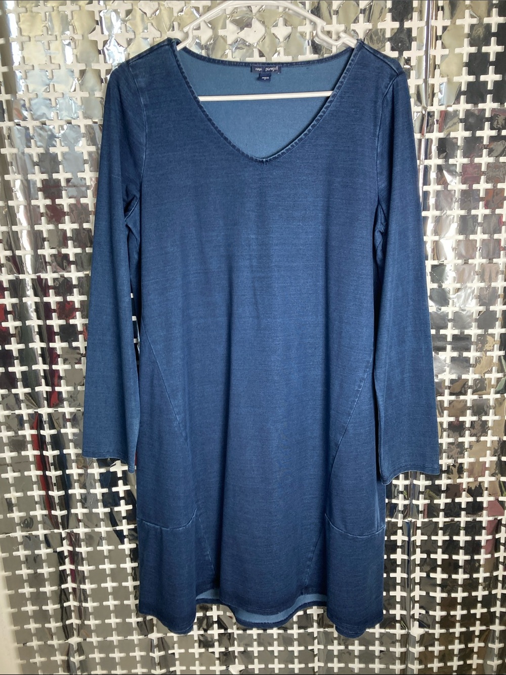Purejill Women’s Long Sleeve V-Neck Indigo Knit Dress with Pockets